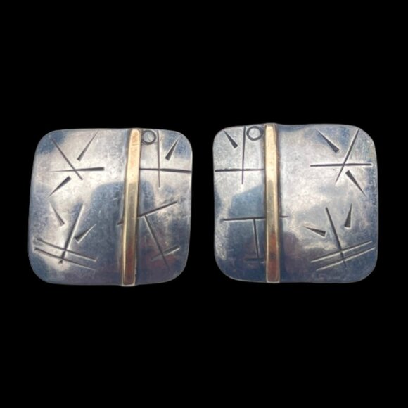 Vintage Metalphors Signed Modernist 10k Gold and Sterling Silver Earrings - Picture 1 of 5